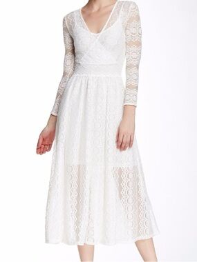 French Connection White Lace Midi Dress with V-Neck